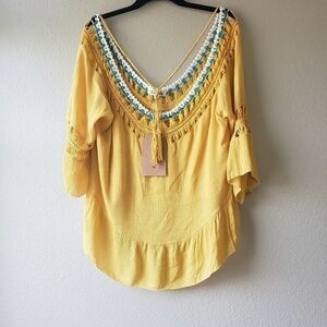 LISTICLE Boho Bell Sleeve Ruffle Hi Low Crochet Top Yellow Flowy Sz M